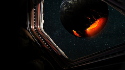 Astronaut in a spaceship flies near a dying planet in open space, view from the window of a space...