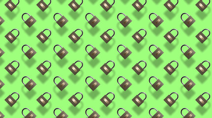 Pattern of metal padlocks with labels and shadows on the green background