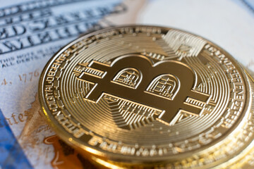 Close up of metal shiny bitcoin crypto currency.