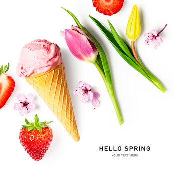 Strawberry ice cream and tulip flowers. Hello spring concept.