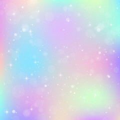 Unicorn background with rainbow mesh. Colorful universe banner in princess colors. Fantasy gradient backdrop with hologram.