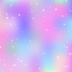 Unicorn background with rainbow mesh. Colorful universe banner in princess colors. Fantasy gradient backdrop with hologram.