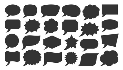 Speech bubble black silhouette, geometric shapes set. Empty cloud, balloon speak banners. Glyph blank frame for comic, social, advertising, dialog, comment text. Web symbol, chat communication sign.