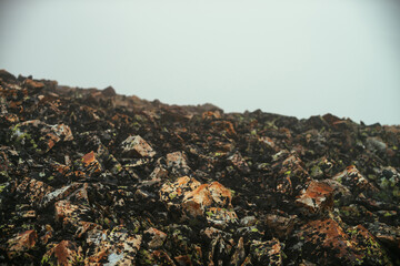 Empty stone desert near abyss edge in thick fog. Zero visibility in mountains. Edge of abyss in dense fog in highlands. Minimalist nature background. Foggy mountain landscape. Lichens on sharp stones.