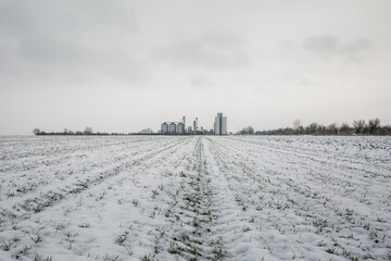 Grain silos in the farm field in winter