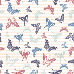 Flying butterfly silhouettes over striped background vector seamless pattern.