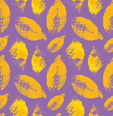 Hand-drawn seamless pattern, monotype. Yellow leaves on a purple background. Acrylic texture for creative wallpaper or design work, covers, packaging, fabrics, wrapping paper