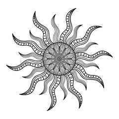 Hand draw circular mandala, sun mandala.  Decorative ornament in ethnic oriental style. Coloring book page.