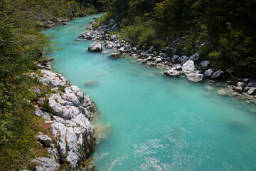 Beautiful blue color of Soca river in Slovenia
