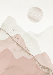 Obraz premium Abstract Arrangements. Landscapes, mountains. Posters. Blush, pink, ivory, beige, gold watercolor Illustration, background. Modern print set. Wall art. Business card. Printable. 