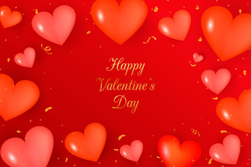 Red realistic valentine's day background. Valentines Day banner with realistic red heart shapes, glitter and confetti