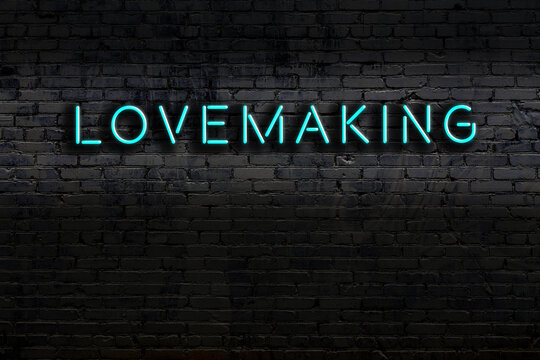 Night view of neon sign on brick wall with inscription lovemaking
