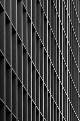 Black and white photo of a modern architecture building. Facade with vertical and horizontal lines.