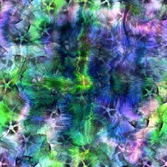 Seamless abstract color blobs with floral flower pattern overlay. High quality illustration. Painterly dye-like blue purple and green bleed watery background color with beautiful pattern overlay.