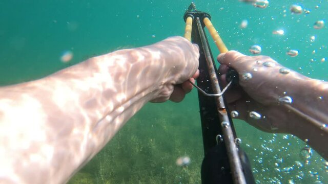 Spearfisher or underwater fisherman loads the gun, prepares a speargun for hunting. Underwater hunter swims with spearfishing harpoon. Extreme sports underwater hunting under water