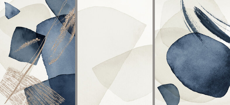 Fototapeta Abstract Arrangements. Prints set. Posters. Blue, navy, ivory, beige watercolor Illustration and gold elements, on white background. Modern printable. Logo. Wall art. Business card.