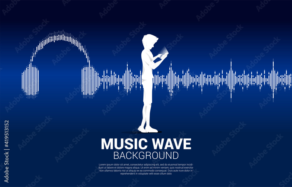 Poster man with mobile phone and Sound wave Music Equalizer background. audio visual headphone icon with pixel wave graphic style