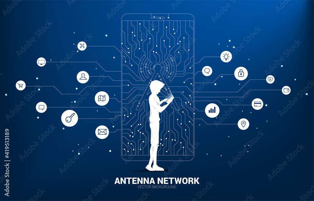 Poster Silhouette man with antenna tower icon on mobile phone from dot connect line circuit board style mobile data icon. Concept for data transfer of mobile and wi-fi data network.