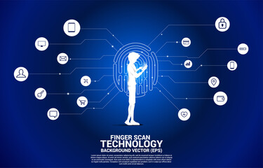 man with mobile phone and thumbprint icon with functional icon. background concept for finger scan technology and privacy access.