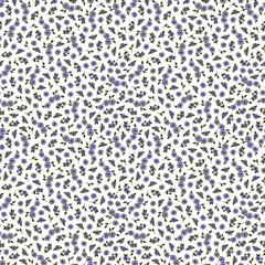 Forget-me-not seamless pattern. Many tiny blue lilac spring flowers with leaves. Millefleurs style background, texture. Floral fashion Ditsy print for textile, package, wrapping paper, scrapbooking