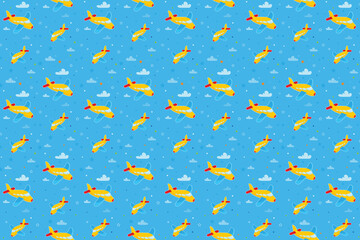 Blue airplane toy pattern design. Boys fabric print with airplane, clouds and stars. Baby boy pattern design