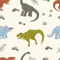 Seamless pattern with dinosaurs isolated on a colored background. Vector illustration for printing on packaging paper, fabric, postcard, clothing. Cute children's background