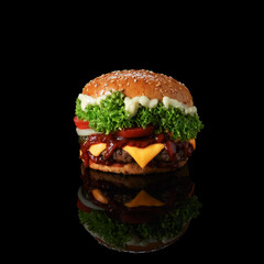 Fresh tasty burger on black background