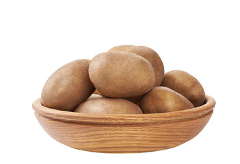 Fresh raw potatoes in a wooden bowl  isolated on a white background.