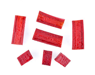 Rhubarb stalks with drops of water isolated on white background.