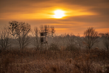 Fototapeta premium Hunting tower during an moody sunrise