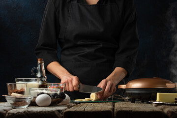 Chef Prepares Sweets Waffles Pancakes Dark Background Cuts Banana Culinary Recipes