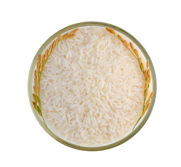Top view of white rice (Thai Jasmine rice) in the bowl and unmilled rice isolated on white background