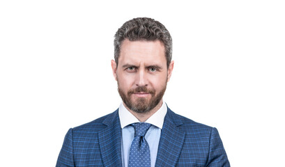 Middle-aged office worker wear navy suit with tie in formal business style, white collar