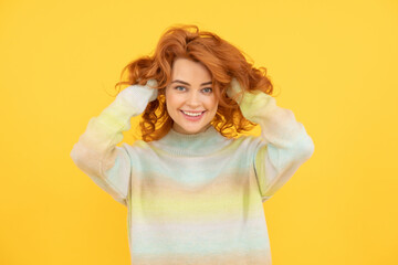 Portrait of beautiful cheerful redhead girl curly hair smiling laughing looking at camera