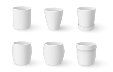 Flowerpots white design assortment realistic mock ups set. Ceramic plant garden pots.