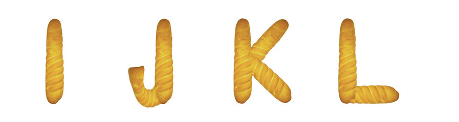 Letters I, J, K, L made from baguette