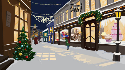 new year Christmas lights cartoon street