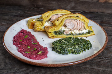 Salmon dough spinach pesto red mush