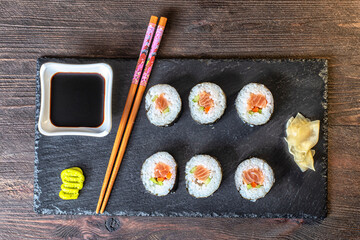Sushi salmon soy sauce ginger