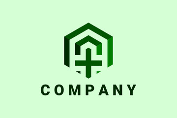 Hexagonal vector logo element for health clinic, hospital and general medicine with a house illustration and a medical cross forming a shield.