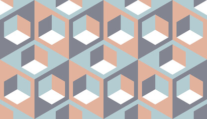 Заголовок: Cubes. Seamless pattern. Optical illusions. Op Art. Template for fabric or wrapping. Modern textile. Geometric. Futuristic. Stylish background. Trends. Wallpapers. Pastel colors.