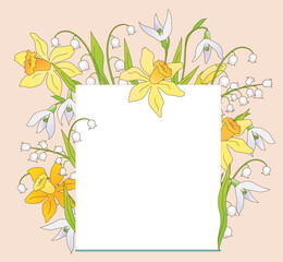 Blanko  Karte mit Frühlingsblumen, Narzisse, Osterglocken, Schneeglöckchen und Maiglöckchen,
Vektor Illustration isoliert auf Hintergrund
