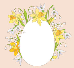 Blanko  Osterei mit Frühlingsblumen, Narzisse, Osterglocken, Schneeglöckchen und Maiglöckchen,
Vektor Illustration isoliert auf Hintergrund
