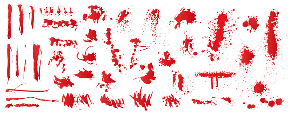 Set of realistic bloody splatters. Drop and blob of blood. Bloodstains. Isolated. Vector illustration of bloody ink drips on white background.