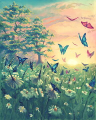 Oil painting sunset landscape on canvas with butterflies, beautiful flowers, meadow with green grass, floral artwork with magical chamomile garden. Hand drawn nature illustration.