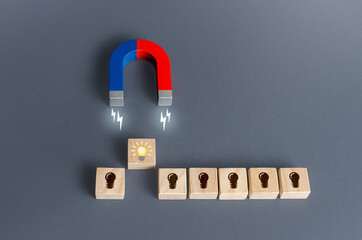 A magnet attracts a glowing idea light bulb. The concept of choosing best idea from presented ones....