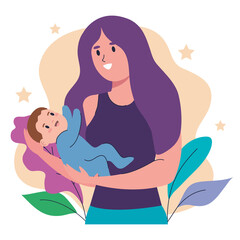 mother lifting son baby characters