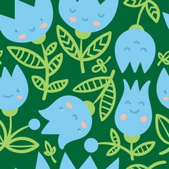 Seamless pattern with harebells on green background. Floral print with blubells. Anthropomorphic vector flowers.