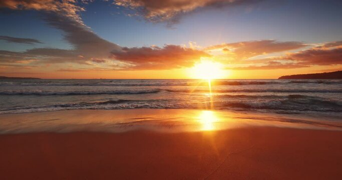 Colorful sea sunrise. Ocean beach and waves, 4k seascape video