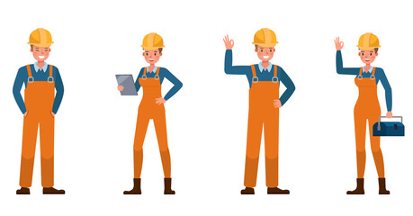 Builder people working character vector design. Presentation in various action with emotions.